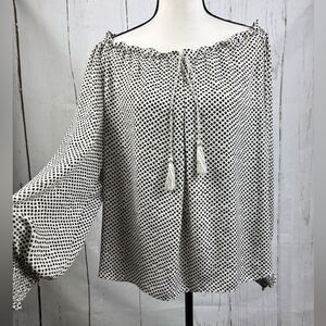 Max Studio Blouse Tie Neck Long Sleeve Ruched Cuff Geometric Polka Dot Boat Neck
